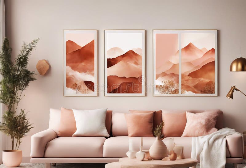 Terracotta beige posters landskapsplanering gör abstrakta, rosa elfenbensbergen suddiga royaltyfri illustrationer