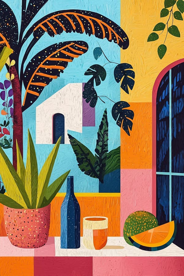 Terraferma con piante tropicali. poster verticale di colore stile metà secolo illustrazione vettoriale