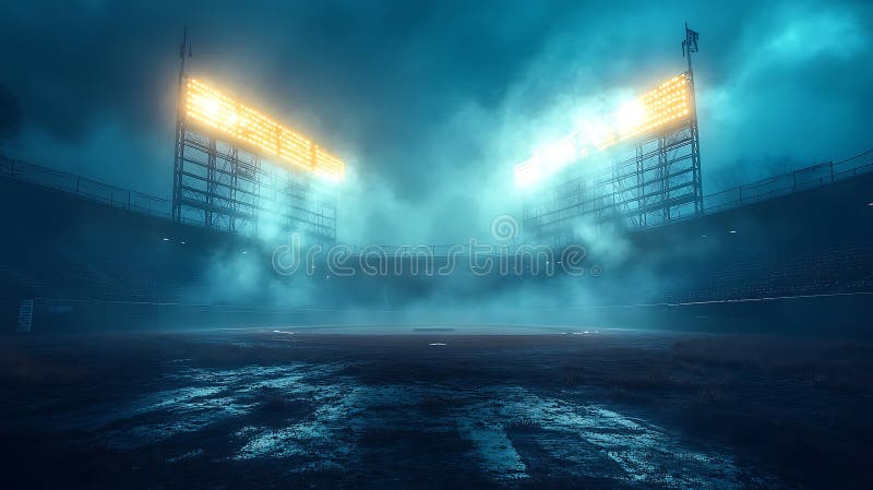 Terrain de base-ball vide sous les lumières avec brouillard et environnement sombre dans les tons bleus illustration stock