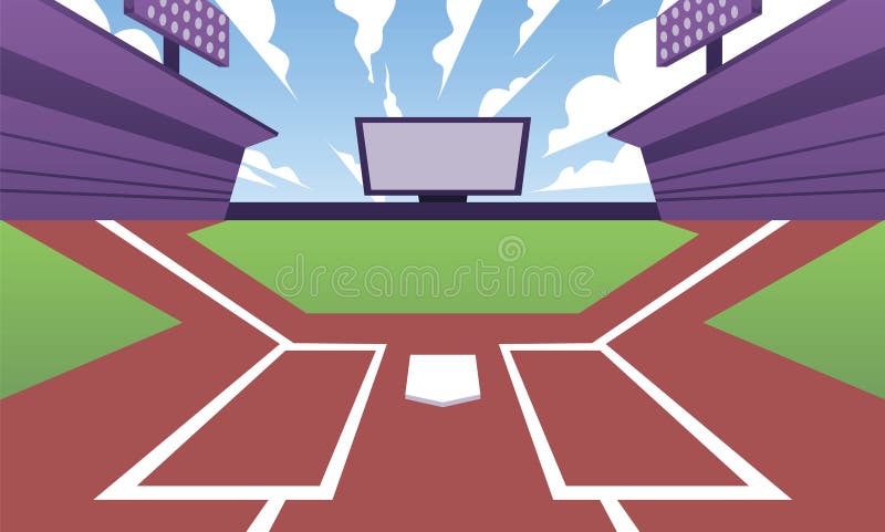 Terrain de baseball vide avec tableau de bord et tribunes dessin animé vectoriel plat illustration. illustration libre de droits