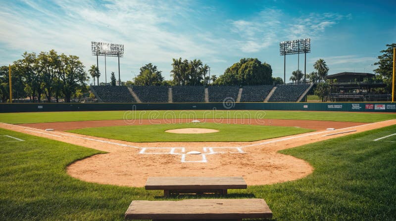 Terrain de baseball vide avec un ciel clair et ensoleillé illustration stock