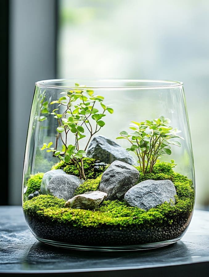Terrario di vetro contenente piccole piante di muschio e pietre che creano un paesaggio verde in miniatura fotografia stock libera da diritti