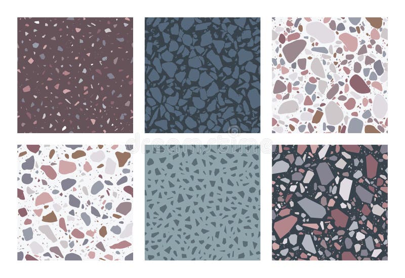 Terrazzo patterns. Set of 6 seamless terrazzo texture patterns. Colorful and trendy abstract backgrounds.