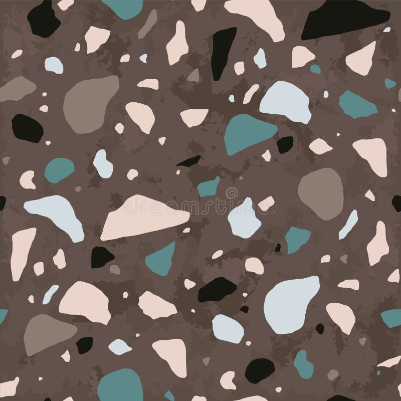 Terrazzo seamless pattern with stone or rock crumbs. Natural backdrop with mineral pieces scattered on brown background