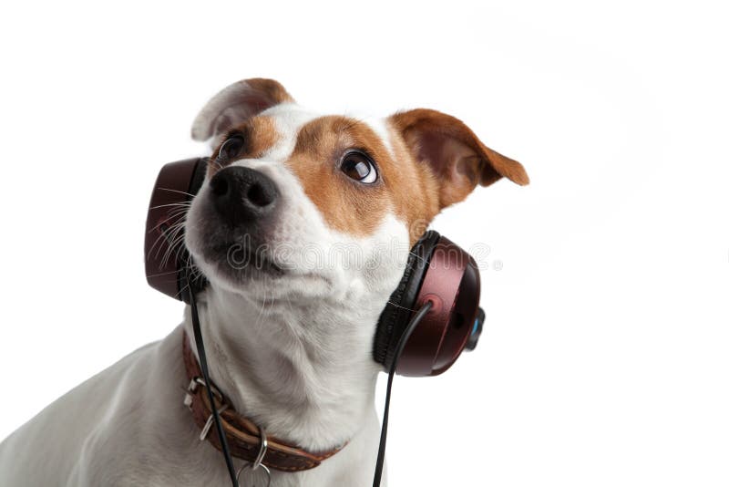 Terrier que escucha la música en los auriculares fotos de archivo Terrier que escucha la música en los auriculares fotos de archivo