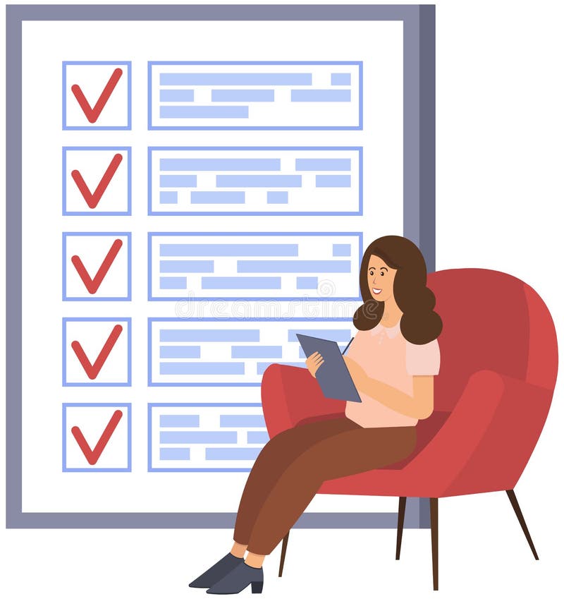 Terrified woman sitting near to do list and planning. Plan fulfilled, task completed, timetable stock illustration