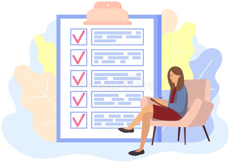 Terrified woman sitting near to do list and planning. Plan fulfilled, task completed, timetable vector illustration