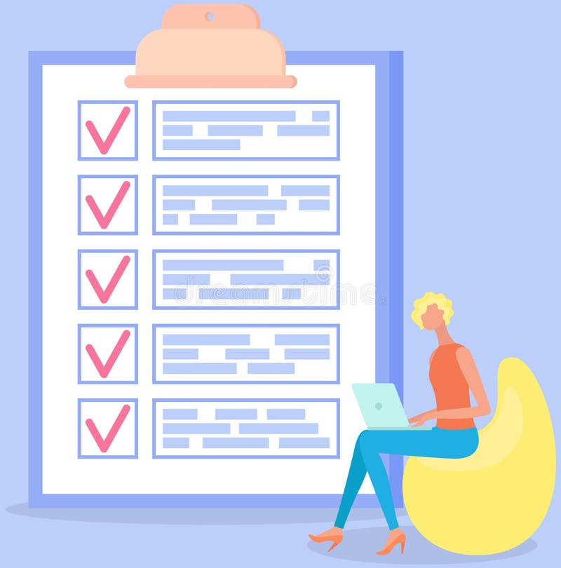Terrified woman sitting near to do list and planning. Plan fulfilled, task completed, timetable stock illustration