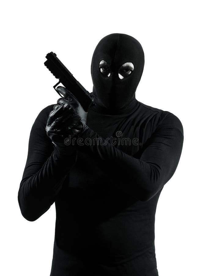 Terroriste criminel de voleur tenant la silhouette de portrait d'arme à feu. Terroriste criminel de voleur tenant le portrait d'arme à feu dans le studio de silhouette d'isolement sur le fond blanc