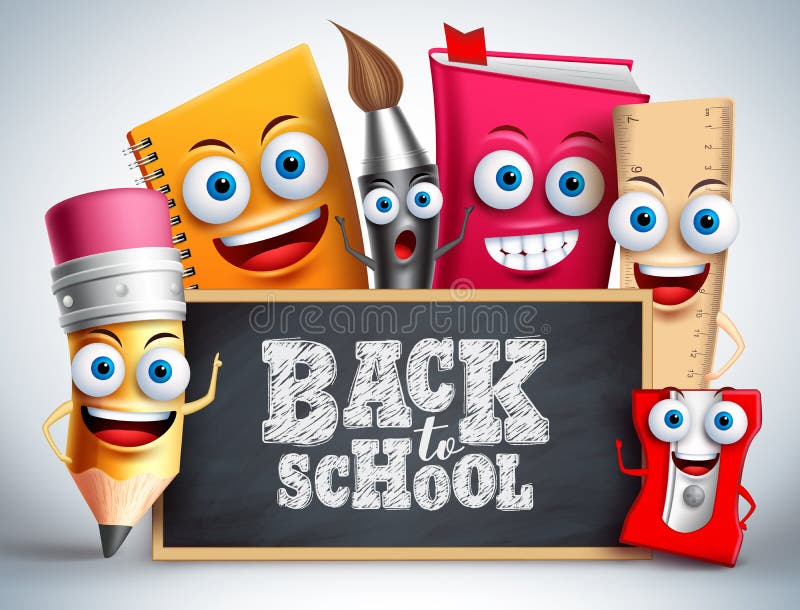 Back to school education items vector characters. School mascots like pencil, pain brush, notebook and ruler happy teaching the kids with blackboard. Vector illustration. Back to school education items vector characters. School mascots like pencil, pain brush, notebook and ruler happy teaching the kids with blackboard. Vector illustration.