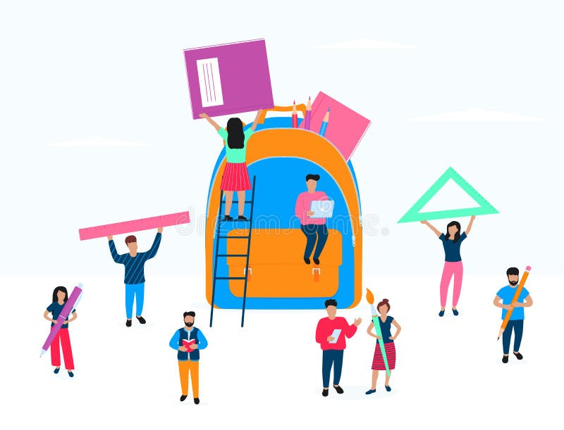 Terug naar School Het concept van het onderwijs De mensen pakken omhoog een rugzak in Het meisje pakt een boek in Het mensenwerk royalty-vrije illustratie Terug naar School Het concept van het onderwijs De mensen pakken omhoog een rugzak in Het meisje pakt een boek in Het mensenwerk royalty-vrije illustratie