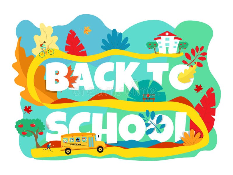 Terug naar schoolbanner met schoolbus, fietser die, schooljongen in heldere kleuren lopen vector illustratie Terug naar schoolbanner met schoolbus, fietser die, schooljongen in heldere kleuren lopen vector illustratie