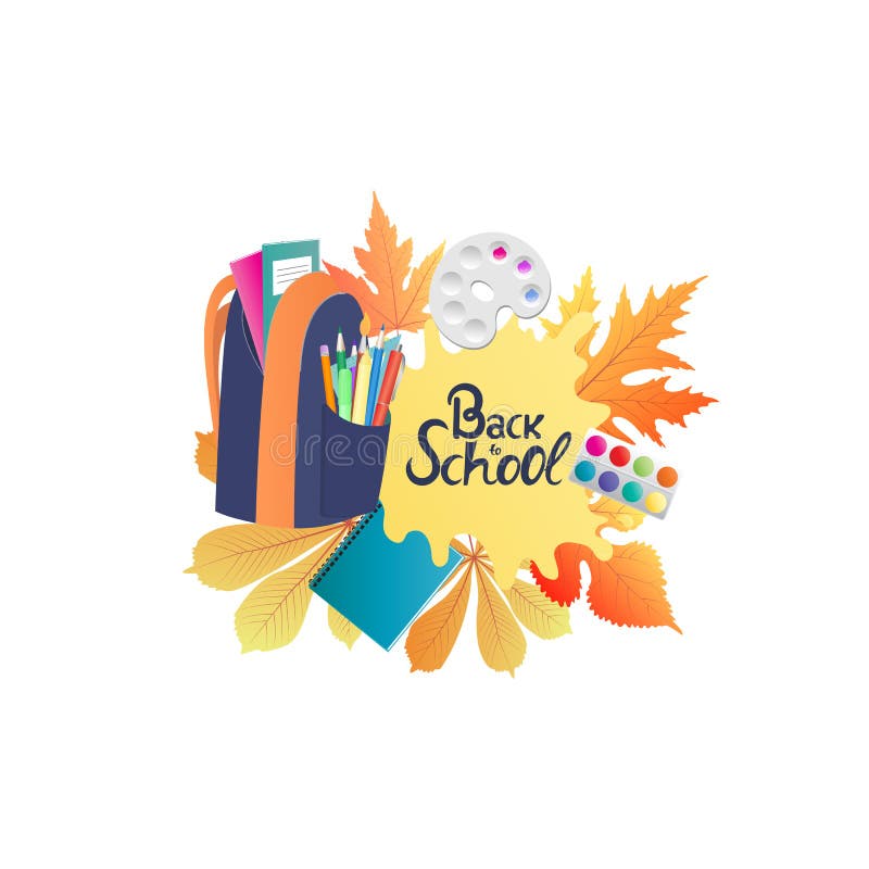 Terug naar schoolbanner Rugzak met notitieboekjes, verf, potloden Autumn Leaves stock illustratie Terug naar schoolbanner Rugzak met notitieboekjes, verf, potloden Autumn Leaves stock illustratie