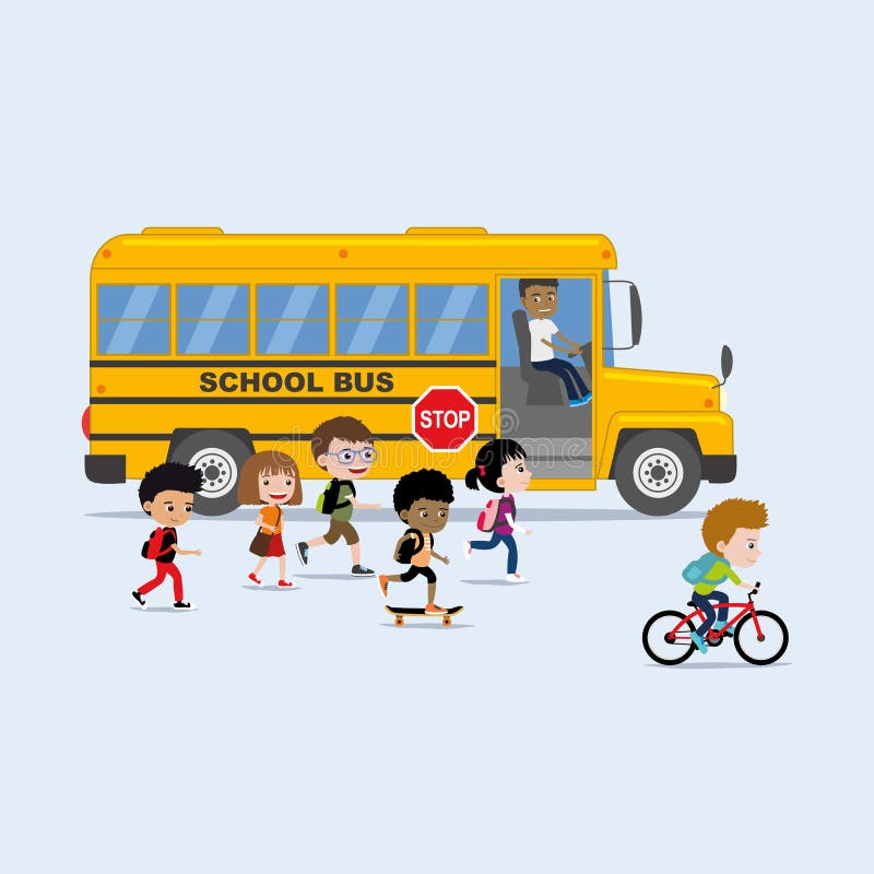 Terug naar schoolillustratie in vlakke stijl: diverse groep de bus van de kinderen kostschool stock illustratie Terug naar schoolillustratie in vlakke stijl: diverse groep de bus van de kinderen kostschool stock illustratie