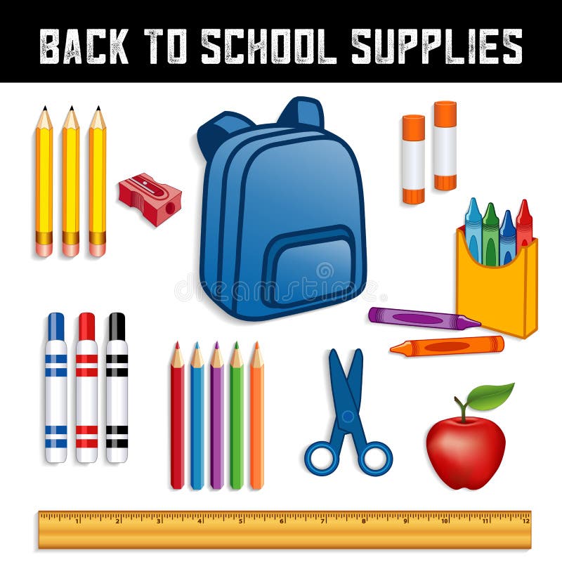 Back to school supplies for elementary, middle school, kindergarten, daycare, preschool: backpack, crayons, yellow pencils with erasers, sharpener, markers, glue sticks, scissors, colored pencils, apple for the teacher, twelve inch ruler, isolated on white background. Back to school supplies for elementary, middle school, kindergarten, daycare, preschool: backpack, crayons, yellow pencils with erasers, sharpener, markers, glue sticks, scissors, colored pencils, apple for the teacher, twelve inch ruler, isolated on white background.