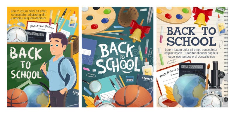Terug naar schoolonderwijs en van de universiteitsstudie affiches vector illustratie Terug naar schoolonderwijs en van de universiteitsstudie affiches vector illustratie