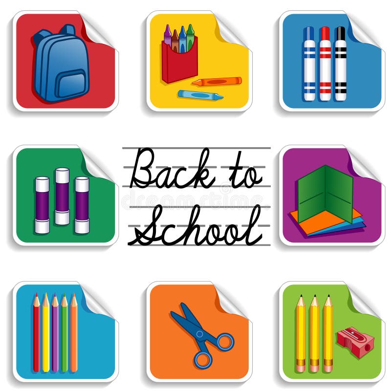 Eight stickers for back to school, preschool, daycare, arts, crafts, and literacy projects, includes a backpack, an apple for the teacher, glue sticks, folders, colored pencils, sharpener, markers, crayons, scissors and cursive lettering. EPS8 compatible. Eight stickers for back to school, preschool, daycare, arts, crafts, and literacy projects, includes a backpack, an apple for the teacher, glue sticks, folders, colored pencils, sharpener, markers, crayons, scissors and cursive lettering. EPS8 compatible.
