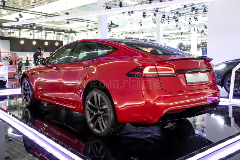 Tesla Model S electric car at the Brussels Autosalon European Motor Show. Brussels, Belgium - January 13, 2023