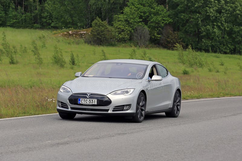 Tesla Model S Electric Car on Summer Road