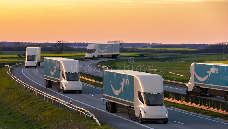 Tesla`s new electric semi truck with a trailer bearing the Amazon Prime logo