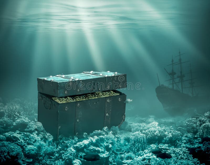 Tesori sul fondale marino Petto incavato con oro e nave mercantile nell'ambito dell'illustrazione dell'acqua 3d