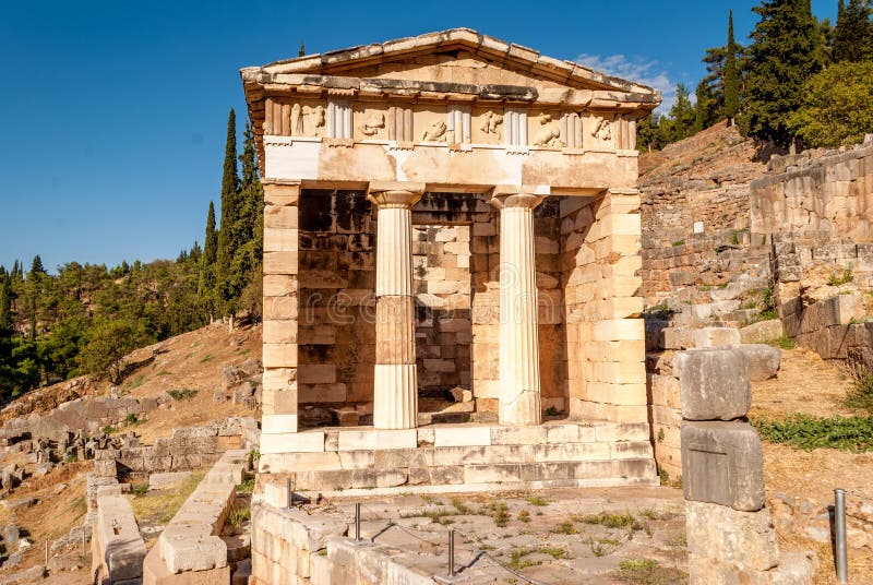 Athenian Treasury in Delphi, an archaeological site in Greece, at the Mount Parnassus. Athenian Treasury in Delphi, an archaeological site in Greece, at the Mount Parnassus