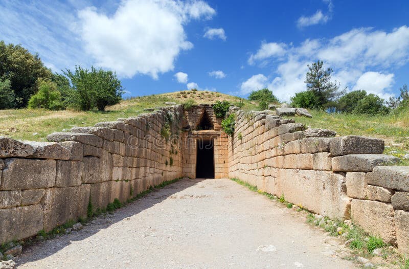 The Treasury of Atreus or Tomb of Agamemnon is an impressive tholos tomb at Mycenae, Greece, constructed during the Bronze Age around 1250 BC. The lintel stone above the doorway weighs 120 tons, the largest in the world. The Treasury of Atreus or Tomb of Agamemnon is an impressive tholos tomb at Mycenae, Greece, constructed during the Bronze Age around 1250 BC. The lintel stone above the doorway weighs 120 tons, the largest in the world.