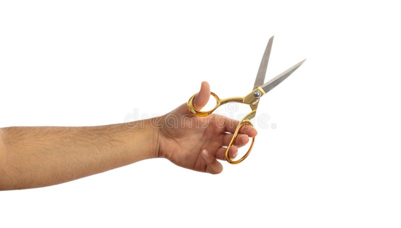 Tesouras em uma mão esquerda masculina isolada no fundo branco, trajeto de grampeamento fotos de stock Tesouras em uma mão esquerda masculina isolada no fundo branco, trajeto de grampeamento fotos de stock