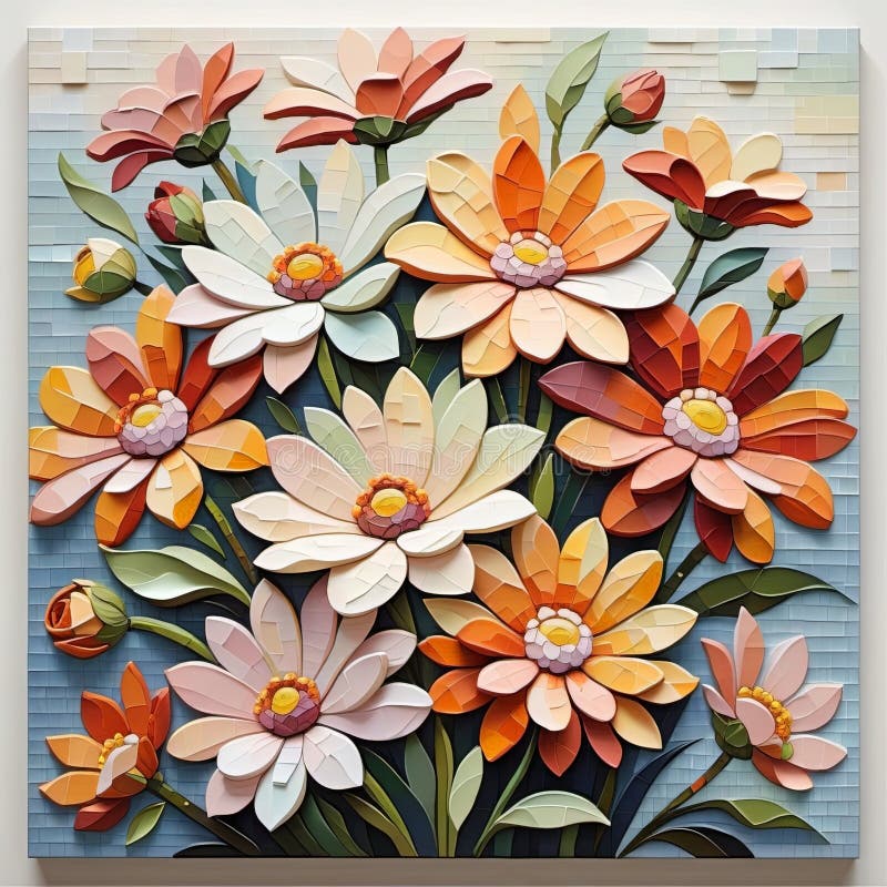 An artistic depiction of a floral mural with vibrant colors on a cracked beige background, showcasing glossy flowers and leaves in a scattered, contrasting arrangement. An artistic depiction of a floral mural with vibrant colors on a cracked beige background, showcasing glossy flowers and leaves in a scattered, contrasting arrangement
