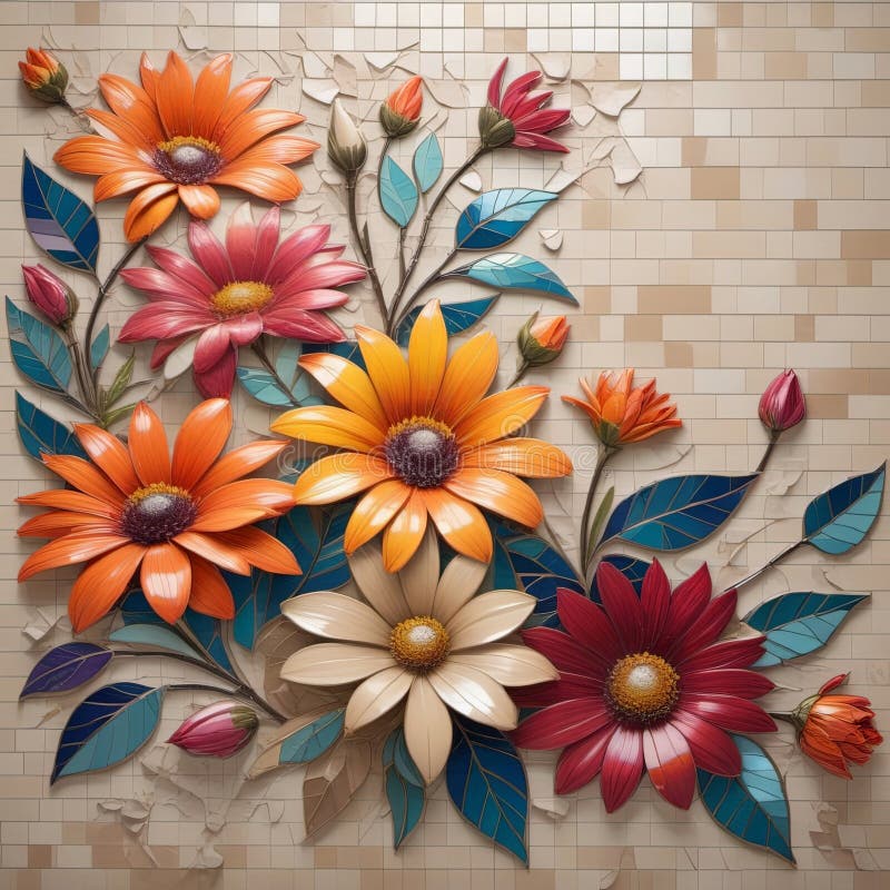 An artistic depiction of a floral mural with vibrant colors on a cracked beige background, showcasing glossy flowers and leaves in a scattered, contrasting arrangement. An artistic depiction of a floral mural with vibrant colors on a cracked beige background, showcasing glossy flowers and leaves in a scattered, contrasting arrangement