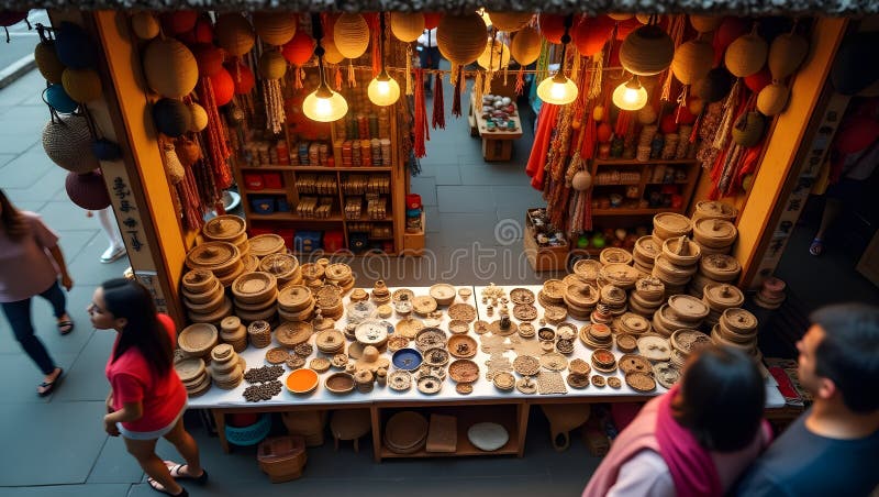 Chiusura di tessuti e tessuti intricati esposti in un bazar
