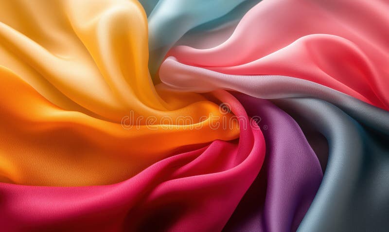 Tessuto di seta vibrante che presenta uno spettro di colori tra cui giallo rosso rosso rosso viola e blu fotografie stock