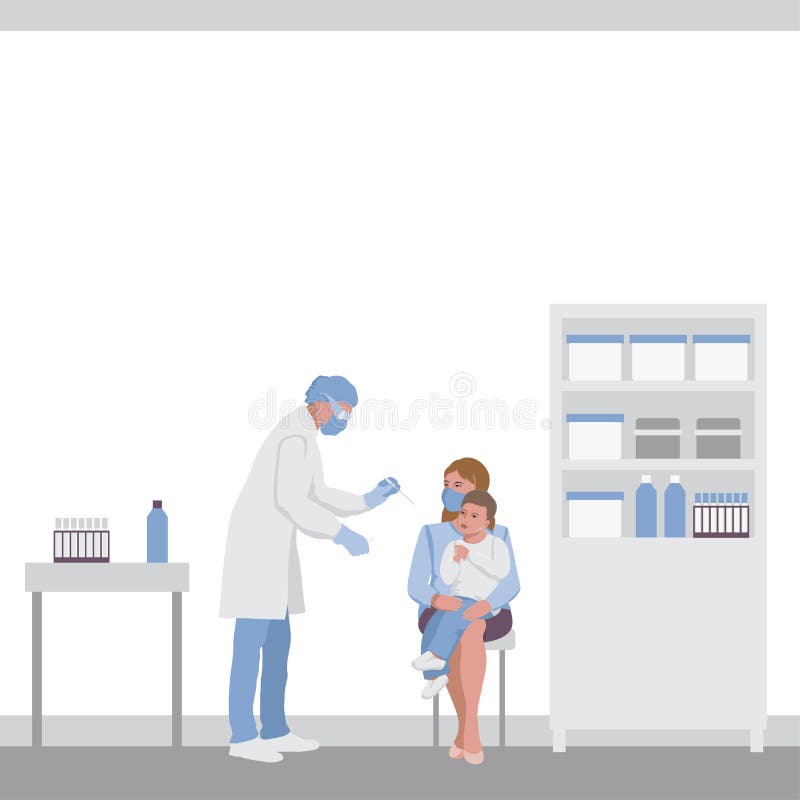 Test for throat infection in a child. Coronavirus Covid 19 testing vector illustration