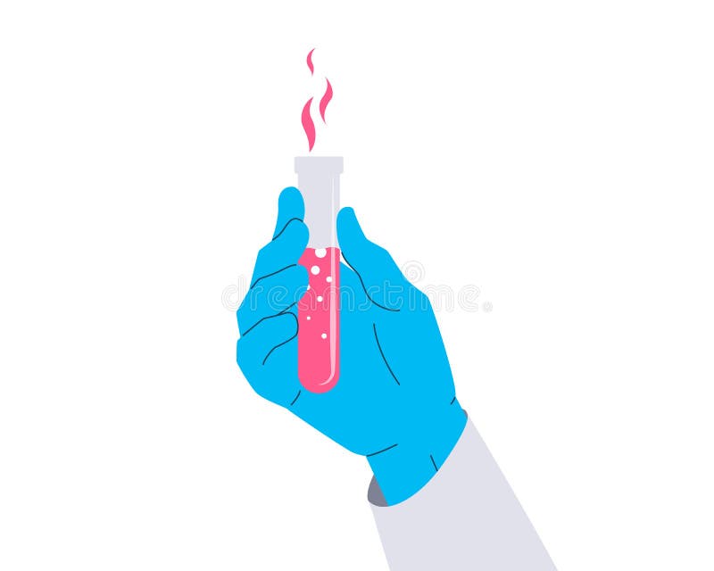 Test tube in the hand. Vector illustration of a gloved hand holding a test tube. Icon of a bright pink liquid in a vial. Concept