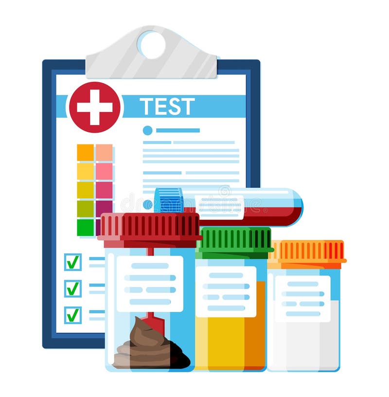 Test Tubes with Caps. Stool, Blood, Urine, Sperm. royalty free illustration