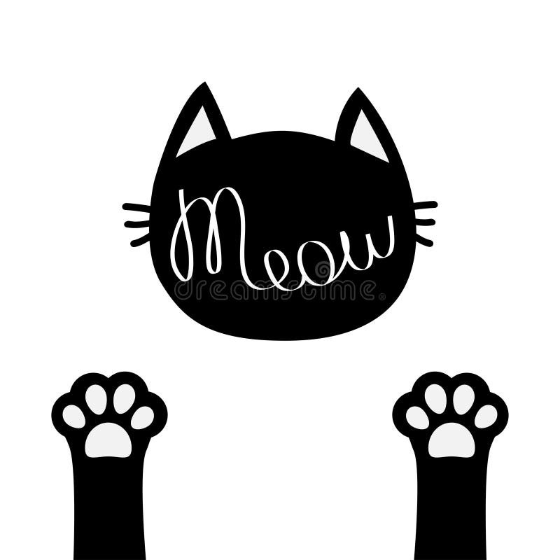 Testa del gatto nero Testo di contorno dell'iscrizione del miagolio Piede della gamba della stampa di due zampe Siluetta sveglia illustrazione di stock Testa del gatto nero Testo di contorno dell'iscrizione del miagolio Piede della gamba della stampa di due zampe Siluetta sveglia illustrazione di stock