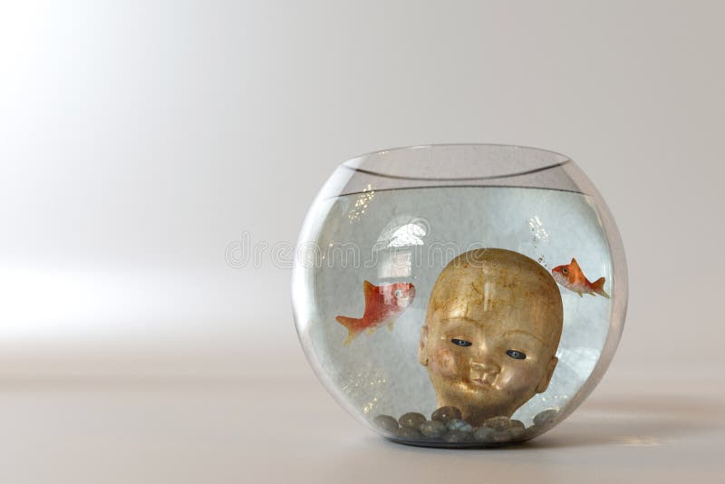 Testa della bambola in un fishbowl illustrazione di stock Testa della bambola in un fishbowl illustrazione di stock