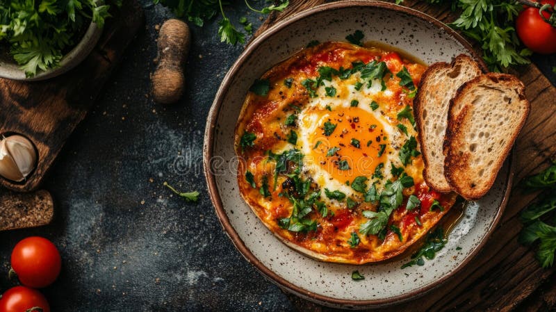 Testa di fuoco di Shakshuka con pane tostato illustrazione di stock