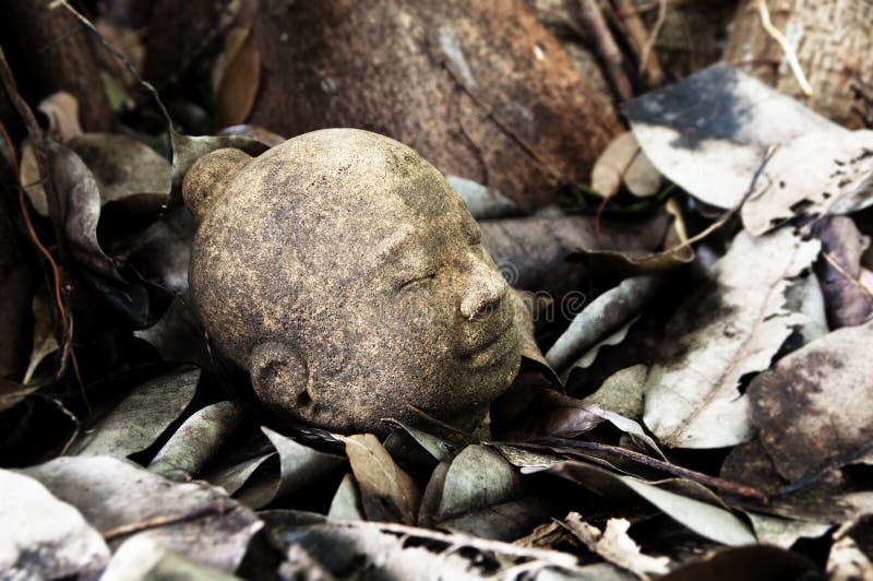 Testa di pietra di Buddha sulle vecchie foglie fotografie stock