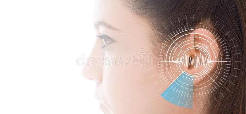Teste de audição que mostra a orelha da jovem mulher com tecnologia da simulação das ondas sadias