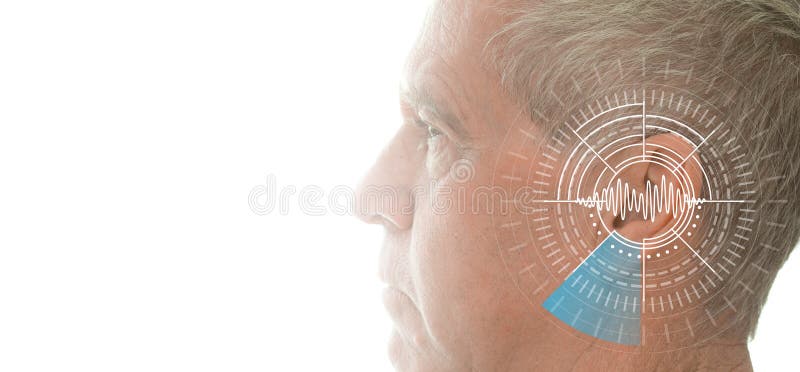 Teste de audição que mostra a orelha do homem superior com tecnologia da simulação das ondas sadias