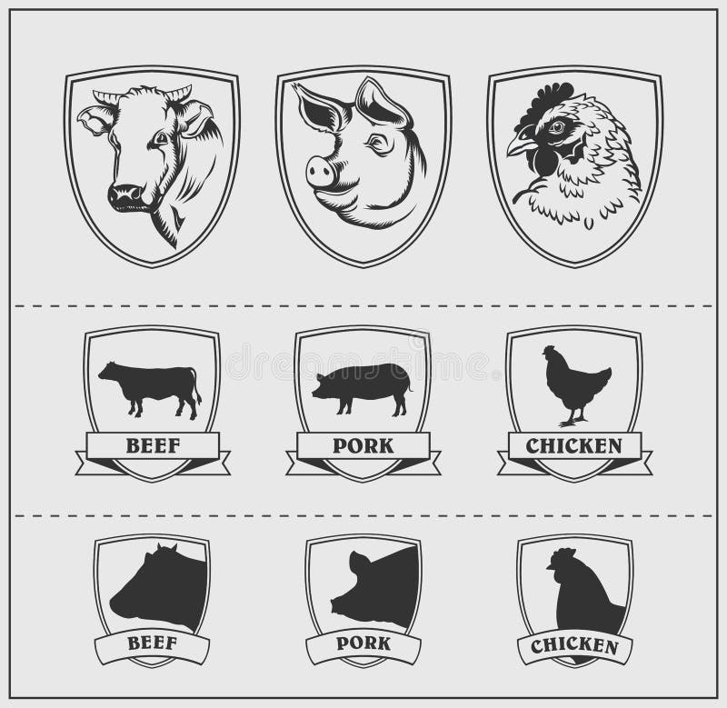 Teste e siluette degli animali da allevamento nei telai Mucca, maiale e pollo illustrazione vettoriale Teste e siluette degli animali da allevamento nei telai Mucca, maiale e pollo illustrazione vettoriale