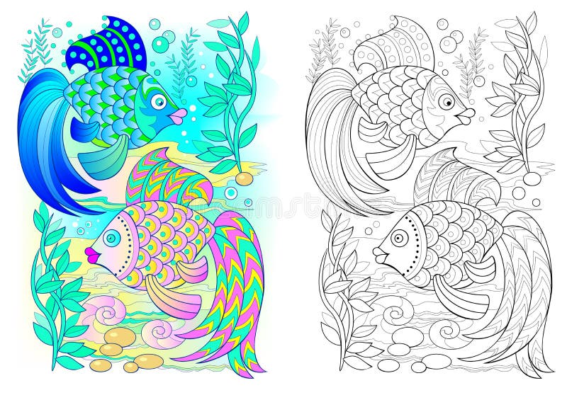 desenho vetorial para colorir para peixe infantil debaixo d'água