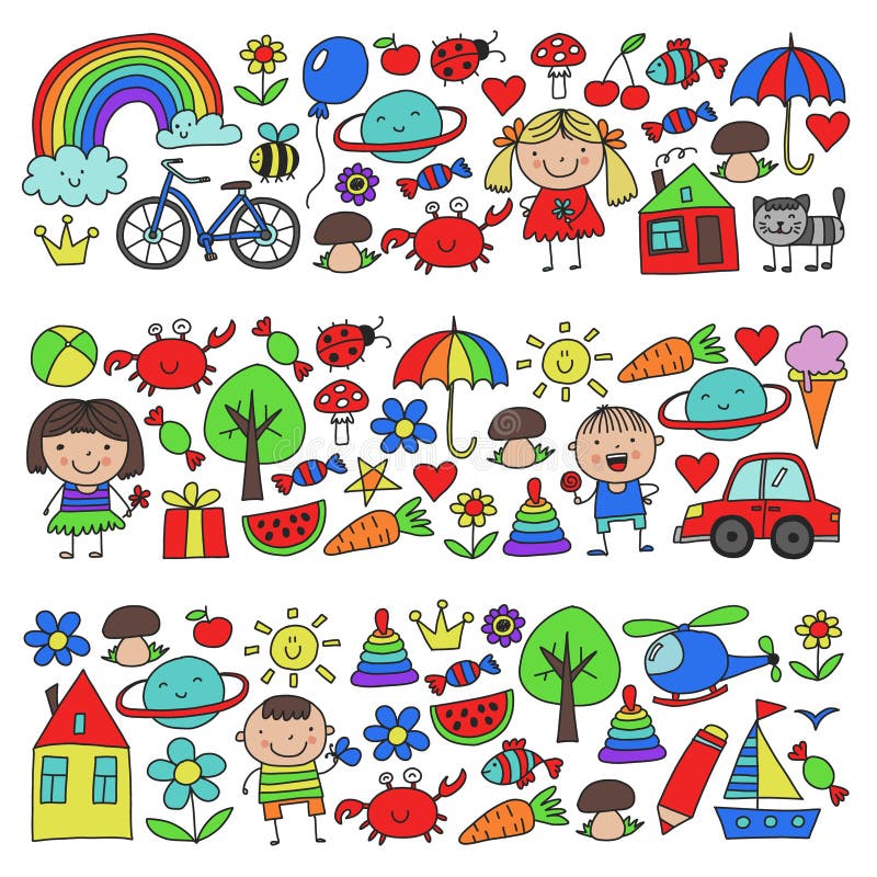 Desenhar Dos Miúdos Kindergarten Escola Crianças Felizes No Campo De Jogos  Ilustração Do Pastel Ilustração Stock - Ilustração de nuvem, flor: 124605992