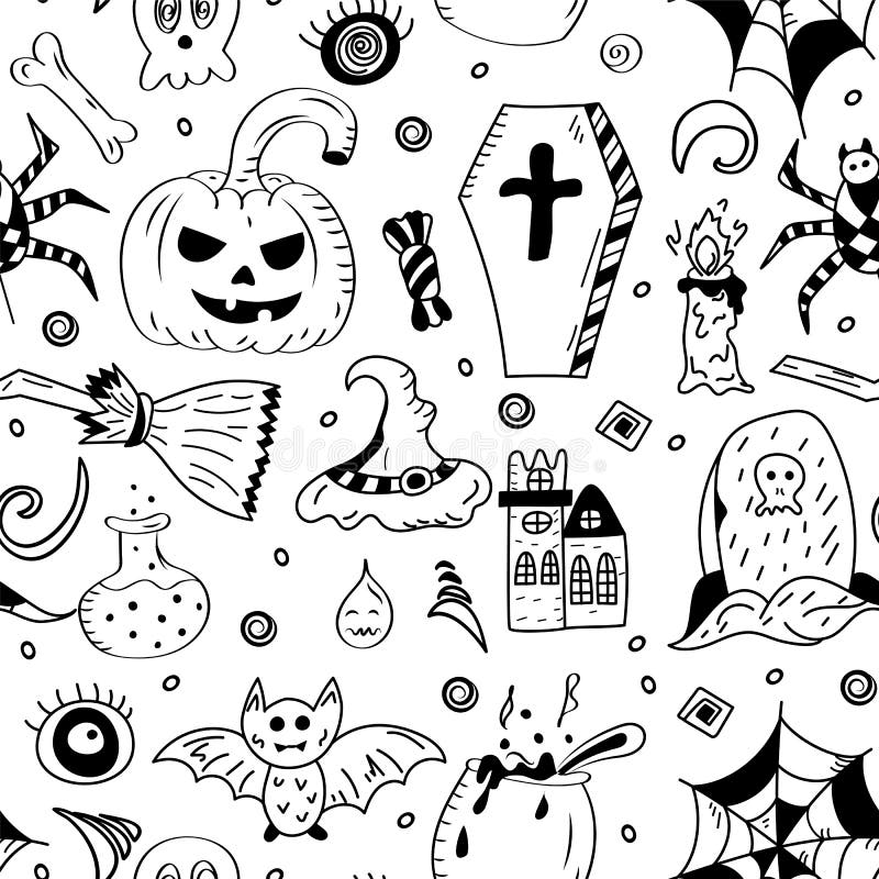 Grande padrão sem emenda de halloween com elementos de estilo doodle  simples de desenho animado