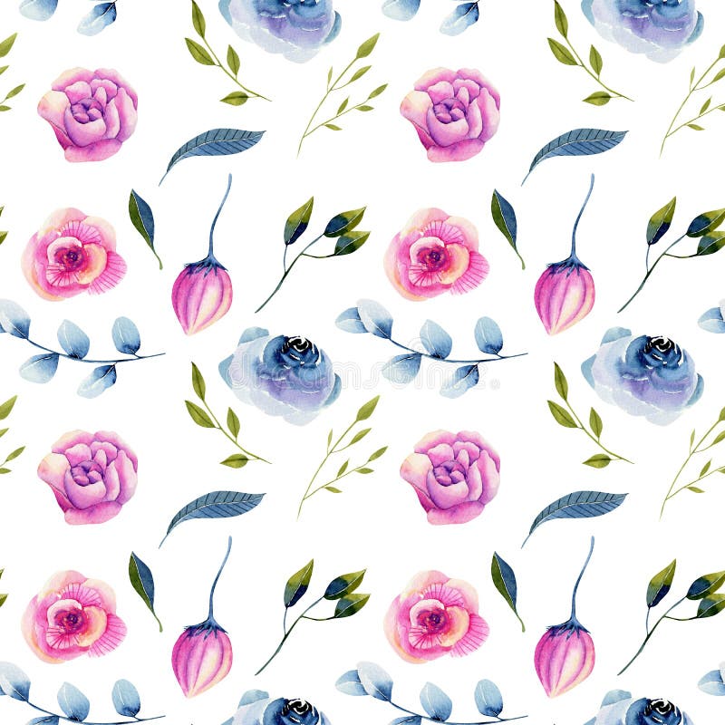Teste padr?o sem emenda azul das rosas da aquarela e das pe?nias do rosa ilustração royalty free Teste padr?o sem emenda azul das rosas da aquarela e das pe?nias do rosa ilustração royalty free