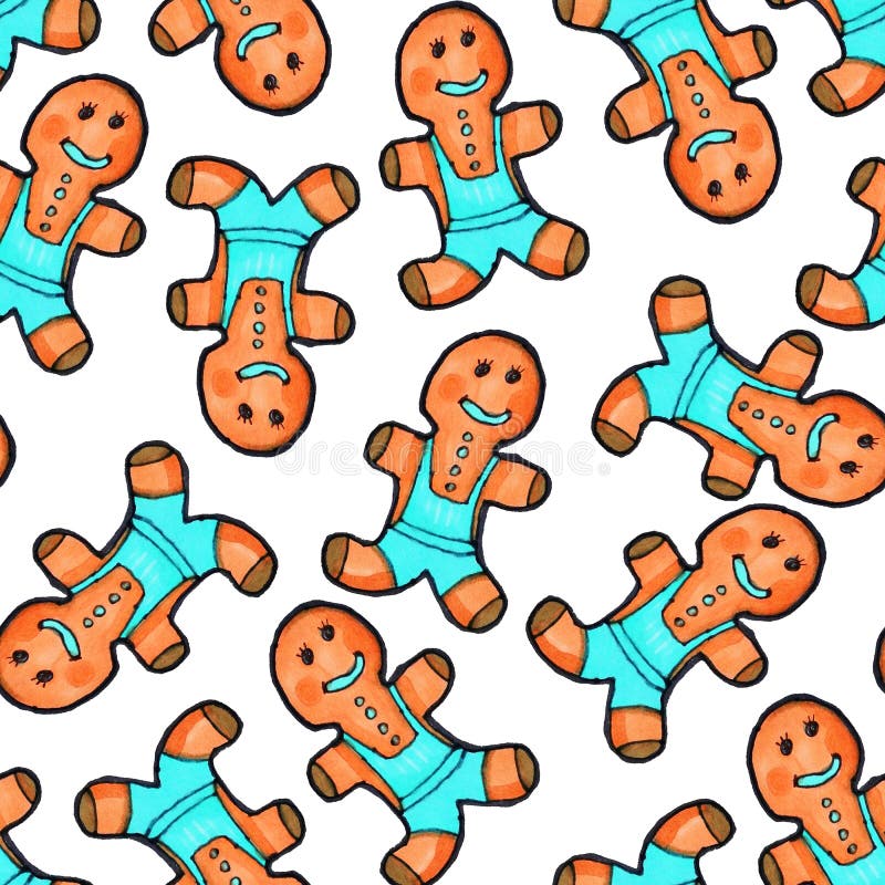 Teste padr?o sem emenda do Natal desenhado ? m?o Pão-de-espécie do ano novo na forma de um homem contra um fundo branco ilustração stock Teste padr?o sem emenda do Natal desenhado ? m?o Pão-de-espécie do ano novo na forma de um homem contra um fundo branco ilustração stock