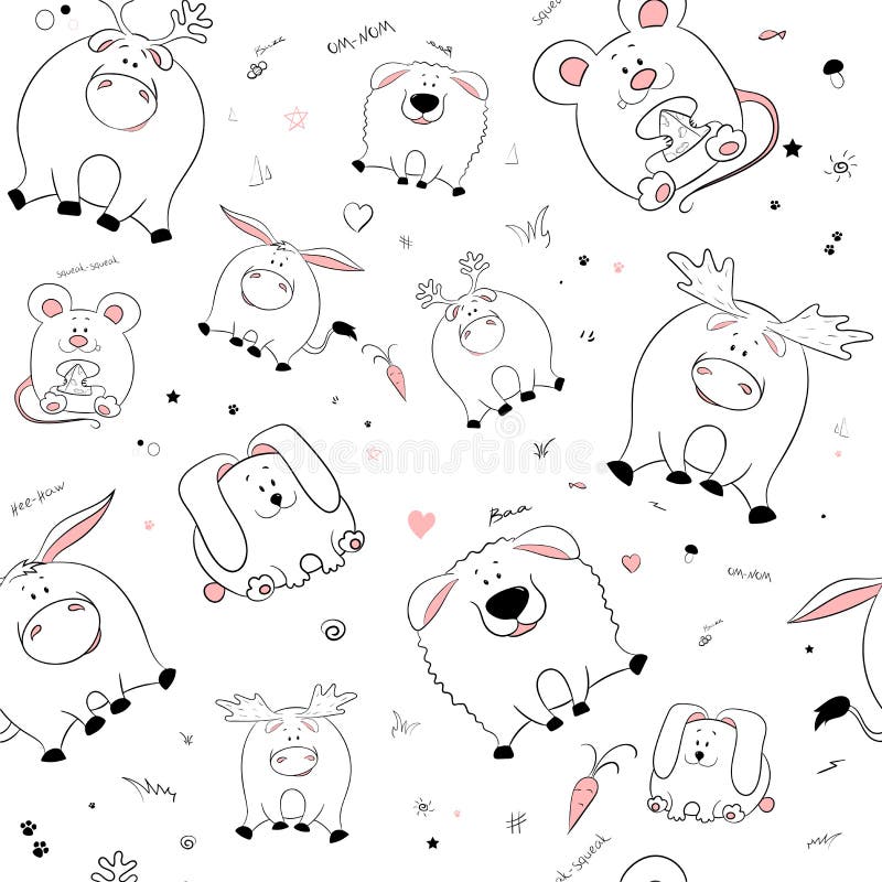 Teste padr?o sem emenda do vetor com os animais gordos bonitos engra?ados desenhados ? m?o Silhuetas dos animais em um fundo bran ilustração do vetor Teste padr?o sem emenda do vetor com os animais gordos bonitos engra?ados desenhados ? m?o Silhuetas dos animais em um fundo bran ilustração do vetor