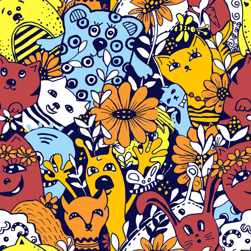 Teste padr?o sem emenda Personagens de banda desenhada ao estilo do kawaii com a imagem dos animais, dos p?ssaros e das flores Fu ilustração do vetor Teste padr?o sem emenda Personagens de banda desenhada ao estilo do kawaii com a imagem dos animais, dos p?ssaros e das flores Fu ilustração do vetor