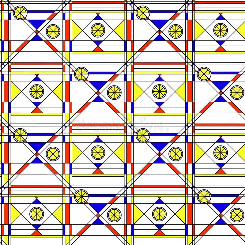 Teste padrão abstrato sem emenda Cópia geométrica composta do polígono e do triângulo azul, vermelho, amarelo e de linhas pretas ilustração stock Teste padrão abstrato sem emenda Cópia geométrica composta do polígono e do triângulo azul, vermelho, amarelo e de linhas pretas ilustração stock